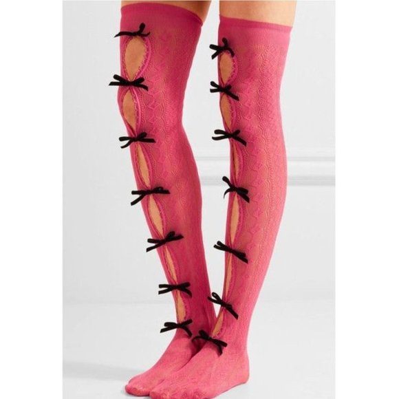 Gucci Accessories - Gucci Moulinoir Pink Socks With Black Velvet Bows Over The Knee Large 10 NEW